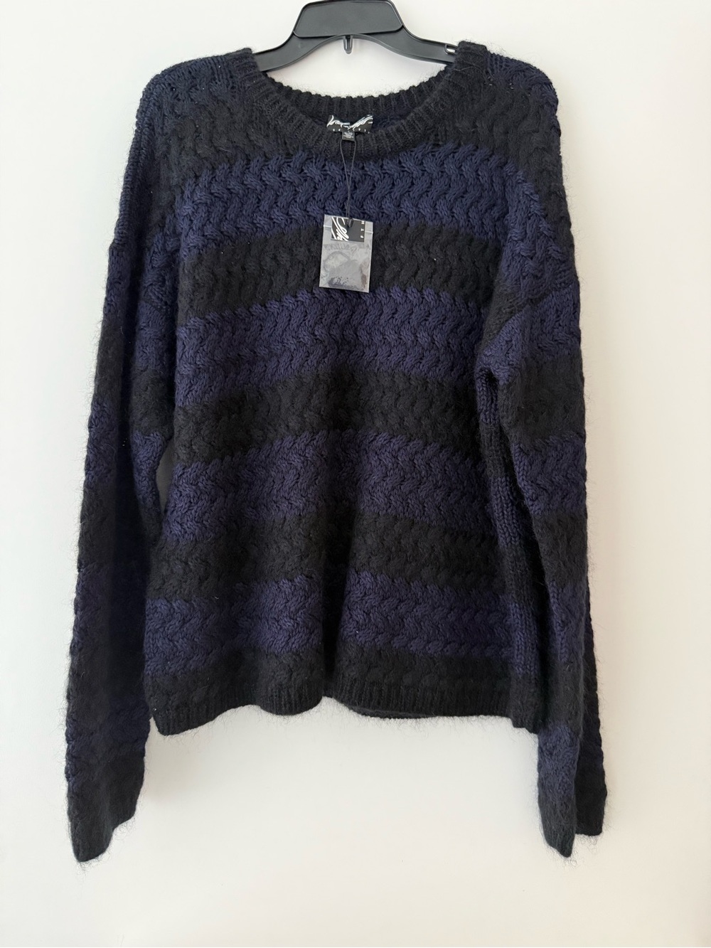 Lord &Taylor 424 fifth Black Navy Striped Knit wool and mohair blend Sweater XL